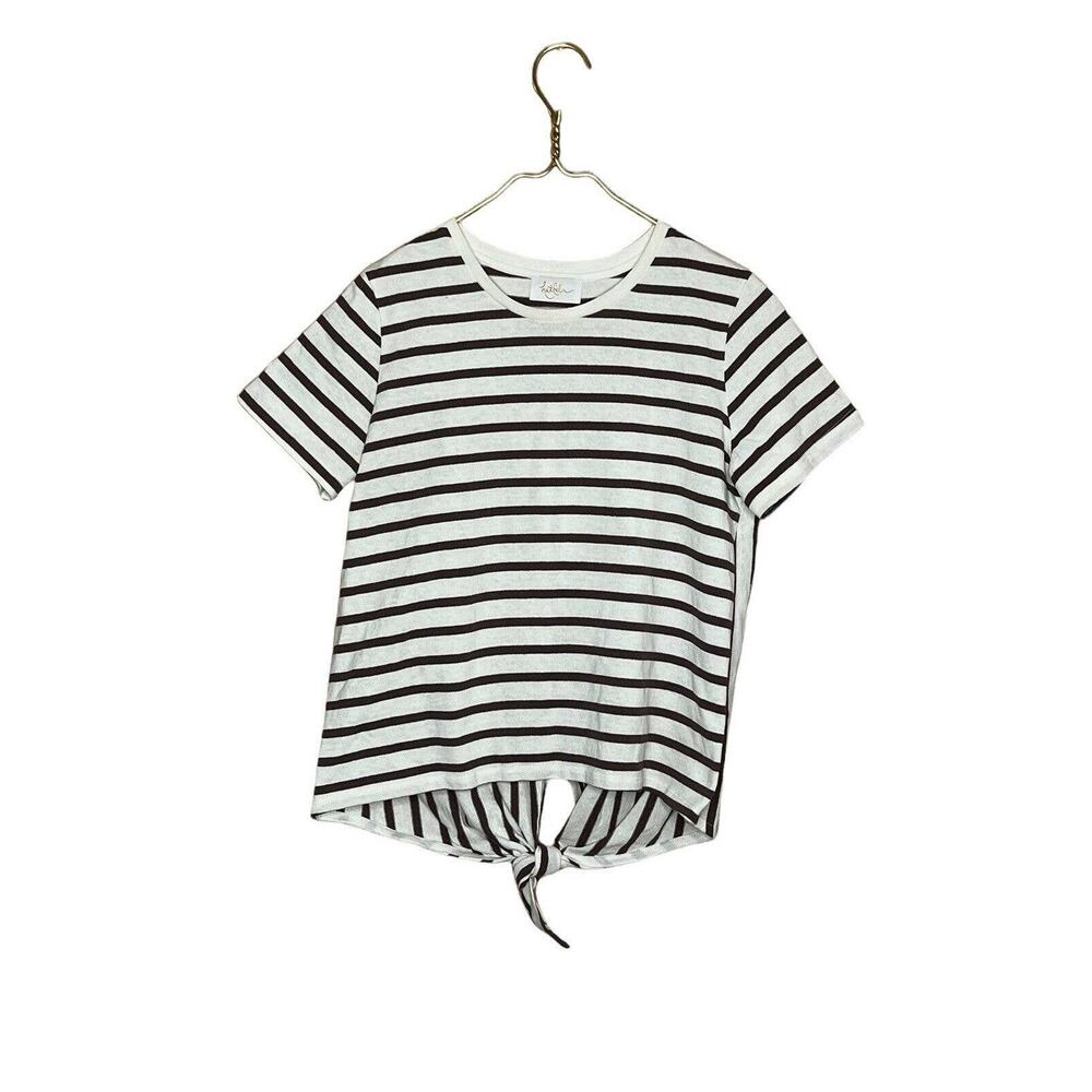 hallelu Striped Ivory Pinkish Brown blouse Sz Medium short sleeve